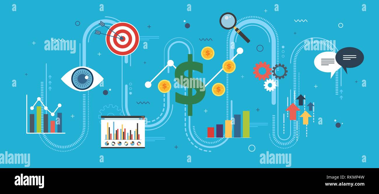 Growth chart, startup sucess and money profit. Business, growth, chart and finance icons. Startup and sucess growth internet banner concept in flat de Stock Vector