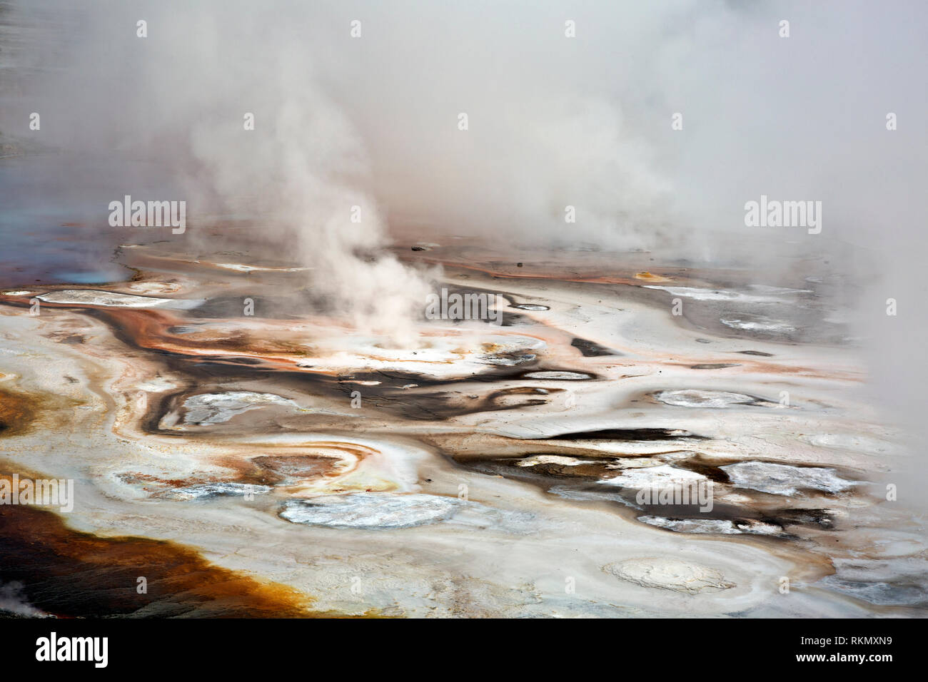 WY03427-00...WYOMING - Patterns made by the fumerals and hot springs in the Porcelain Basin area of Norris Geyser Basin in Yellowstone National Park. Stock Photo