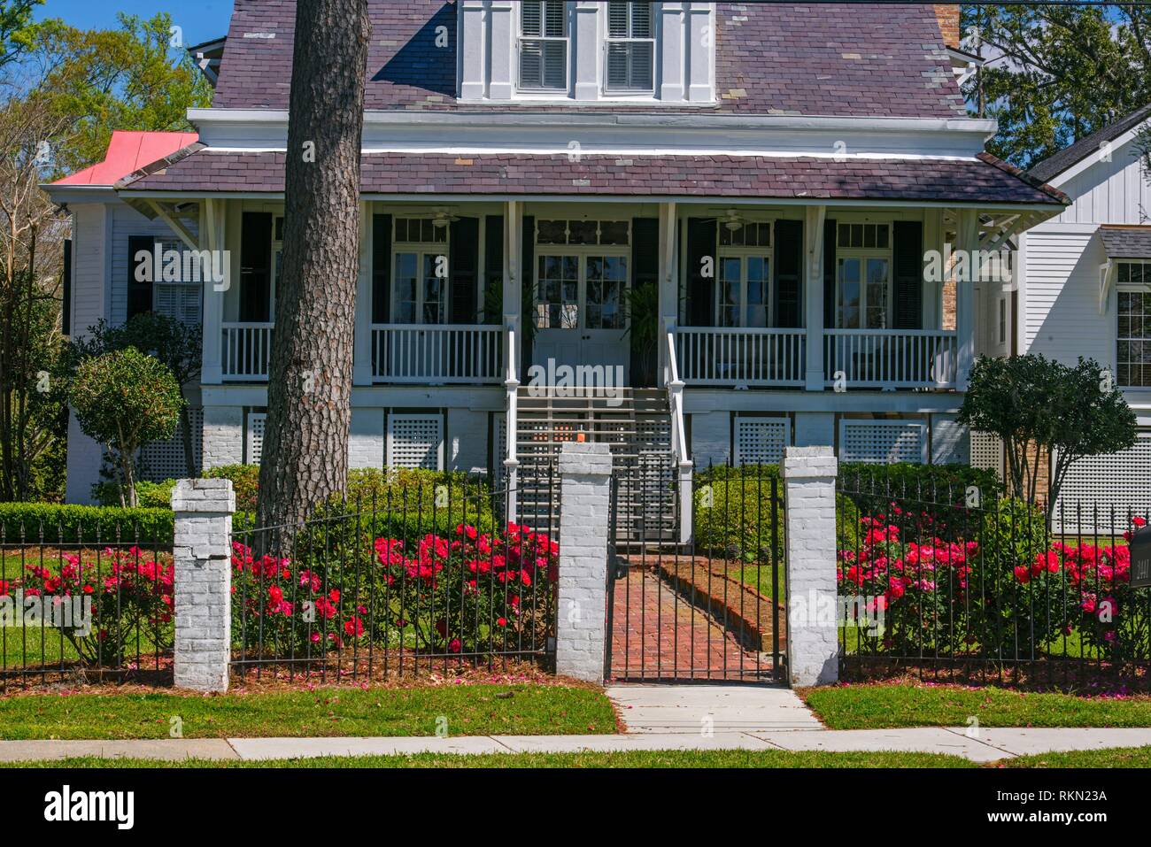 Antebellum style houses along the shore of Lake Pontchartrain in Old Mandeville, Mandeville
