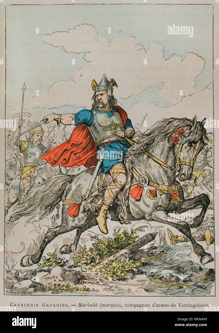 Guerra de las Galias. Conflicto militar entre las tropas romanas dirigidas por Julio Cesar y las tribus galas. Guerreros galos dirigidos por Markokh (Marquis), compañero de armas de Vercingétorix. Ilustración a color de la 'Armeé Française, Nos Soldats' (Ejército Francés, Nuestros Soldados). Autor, Eugene Hennebert (1826-1896). París, h. 1890. Ilustrador, Joseph Hussenot (1827-1896). Biblioteca Histórico Militar de Barcelona, Cataluña, España. Stock Photo