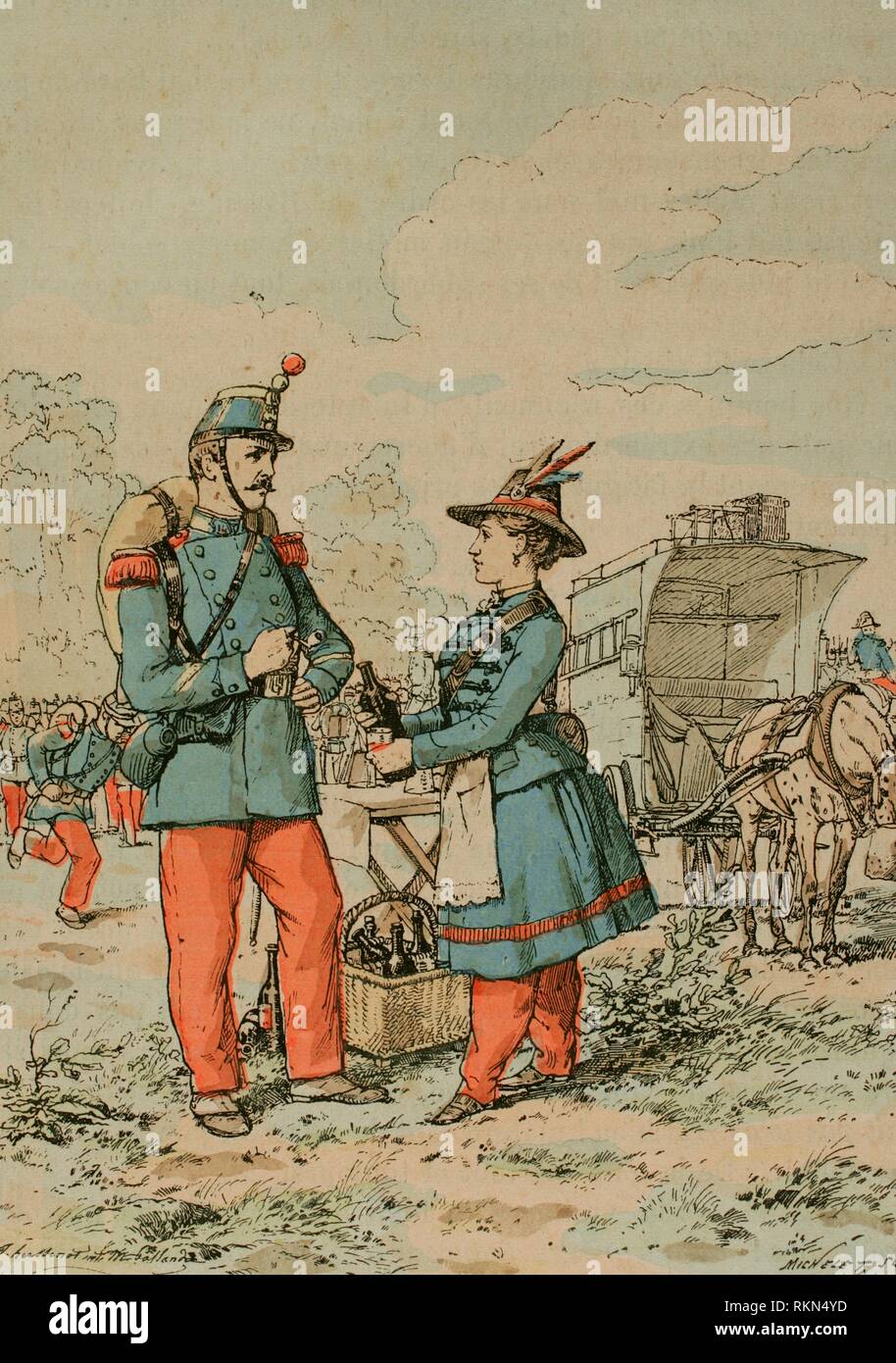 Siglo XIX. Soldado francés con uniforme de casaca azul y pantalones rojos  de la infantería. Soldado esperando la revista. Ilustración a color de la  "Armeé Française, Nos Soldats" (Ejército Francés, Nuestros Soldados).