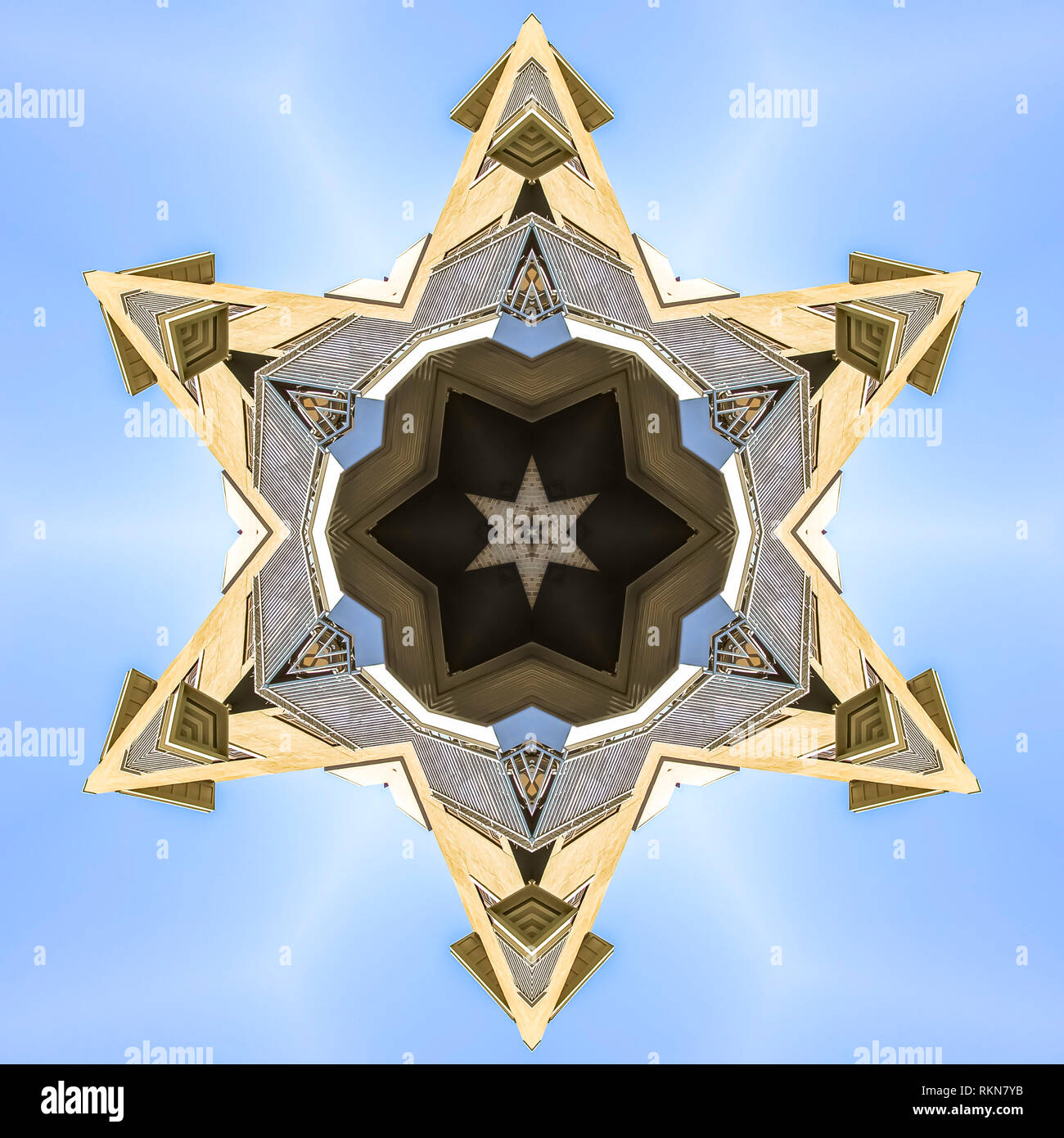 Image Reflection Stardesign Pointed star design made from real estate image. Geometric kaleidoscope ...