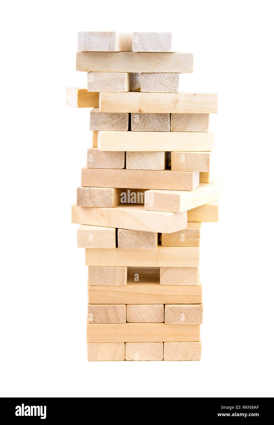 Wooden tower blocks game, toy for planning and practicing meditation, on white background, isolated Stock Photo
