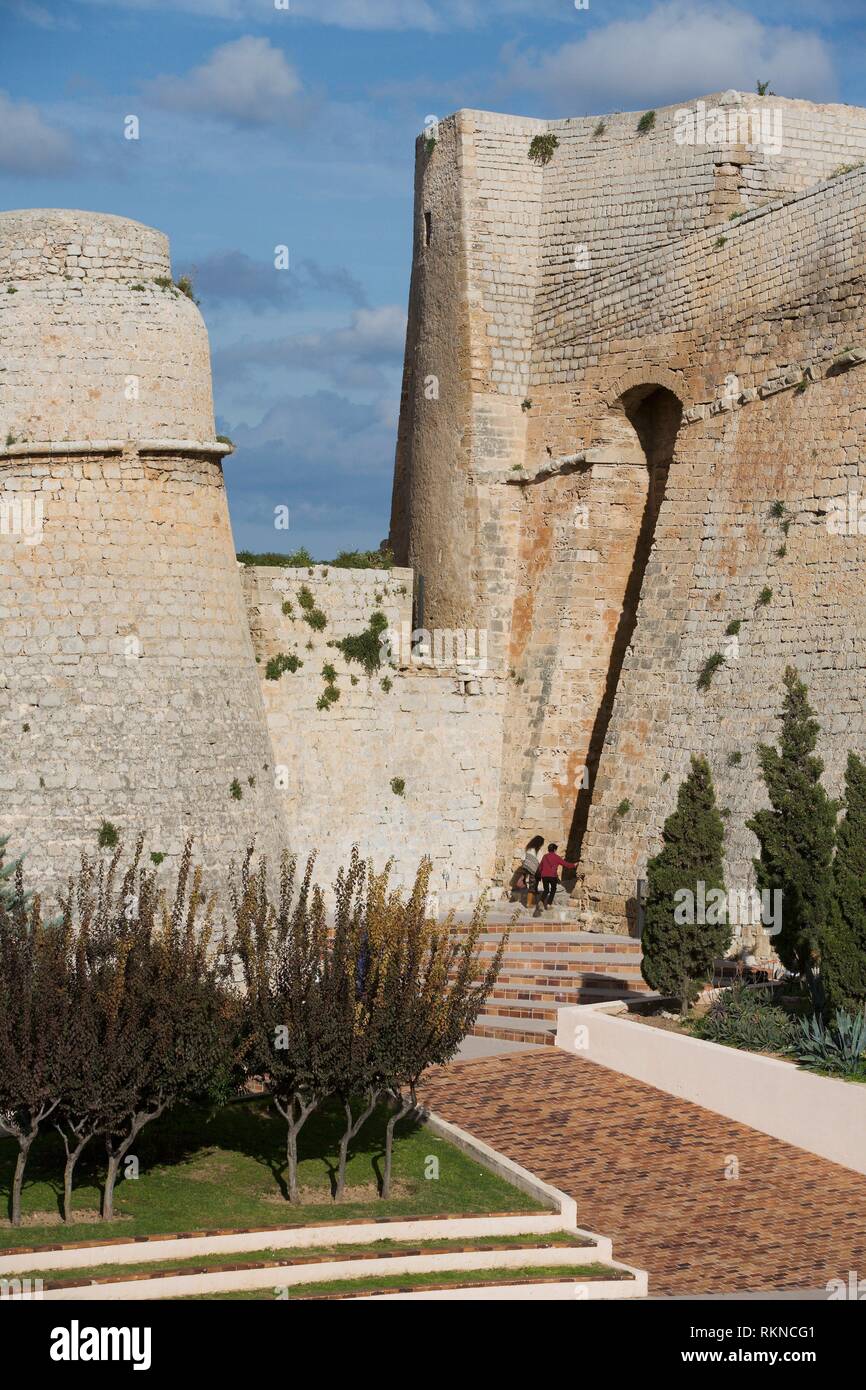 Orejón (part of the bulwark) protecting the accesst to the Portón Nuevo (New Gate) Ibiza Town, Balearic Islands, Spain. Stock Photo