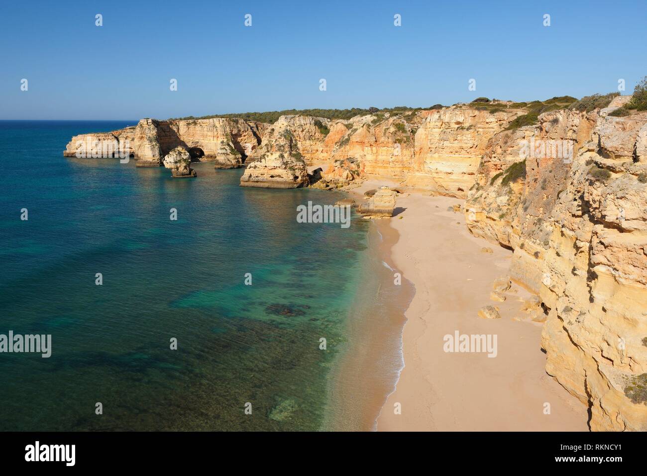 Praia da Marinha (Marinha Beach). Beach with spectacular rocks. Benagil, Lagoa, Faro, Portimao, Algarve, Portugal, Atlantic Ocean. Stock Photo