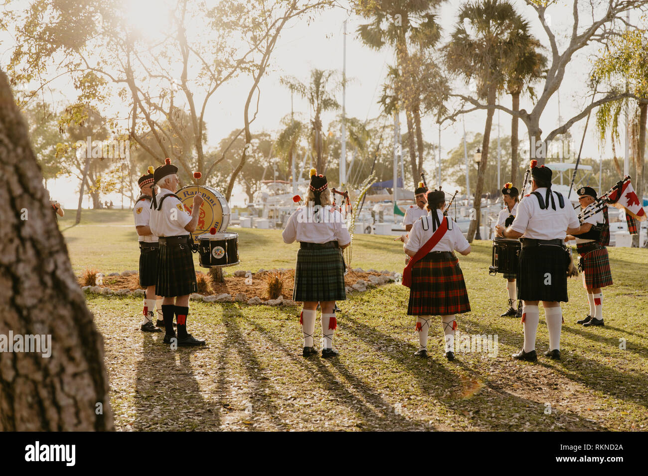 Irish Group of Bagpipe and Drummer Musicians Wearing Authentic European
