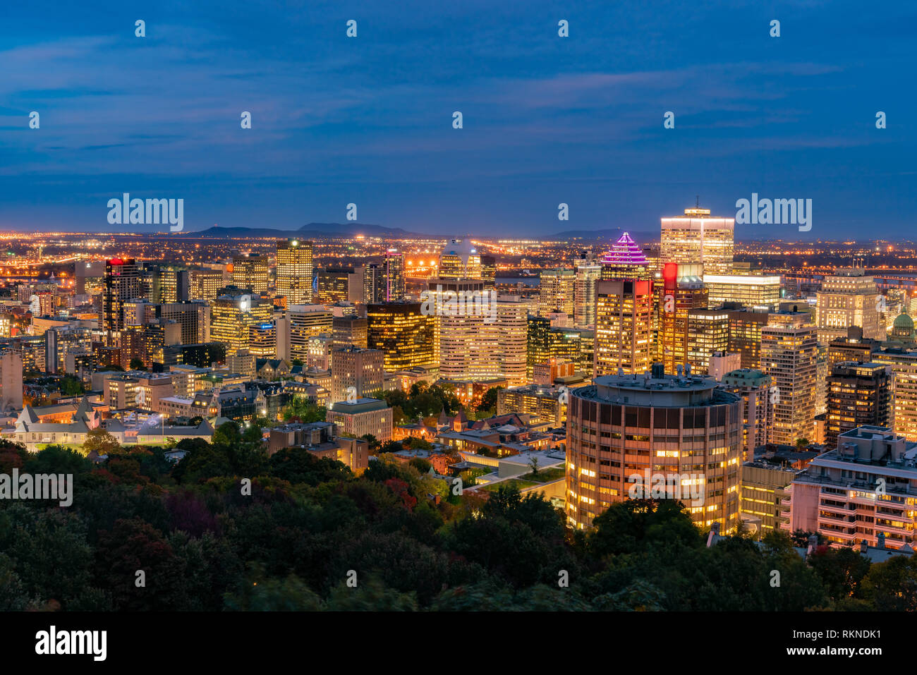 Aerial night view of Montreal downtown cityscape from Royal Mountain at ...