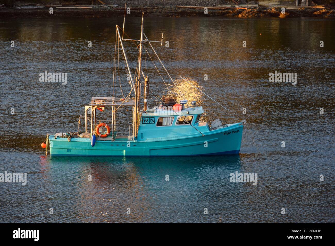 Fishing trawler at anchor, Neck Point Municipal Park, Nanaimo, British Columbia, Canada. Stock Photo
