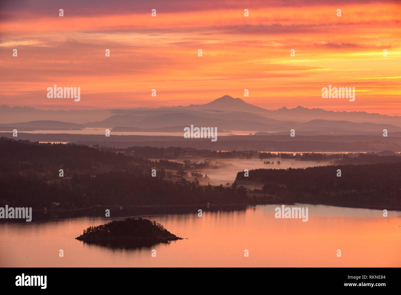 Sunrise skies from The Malahat Viewpoint, Malahat, British Columbia, Canada. Stock Photo