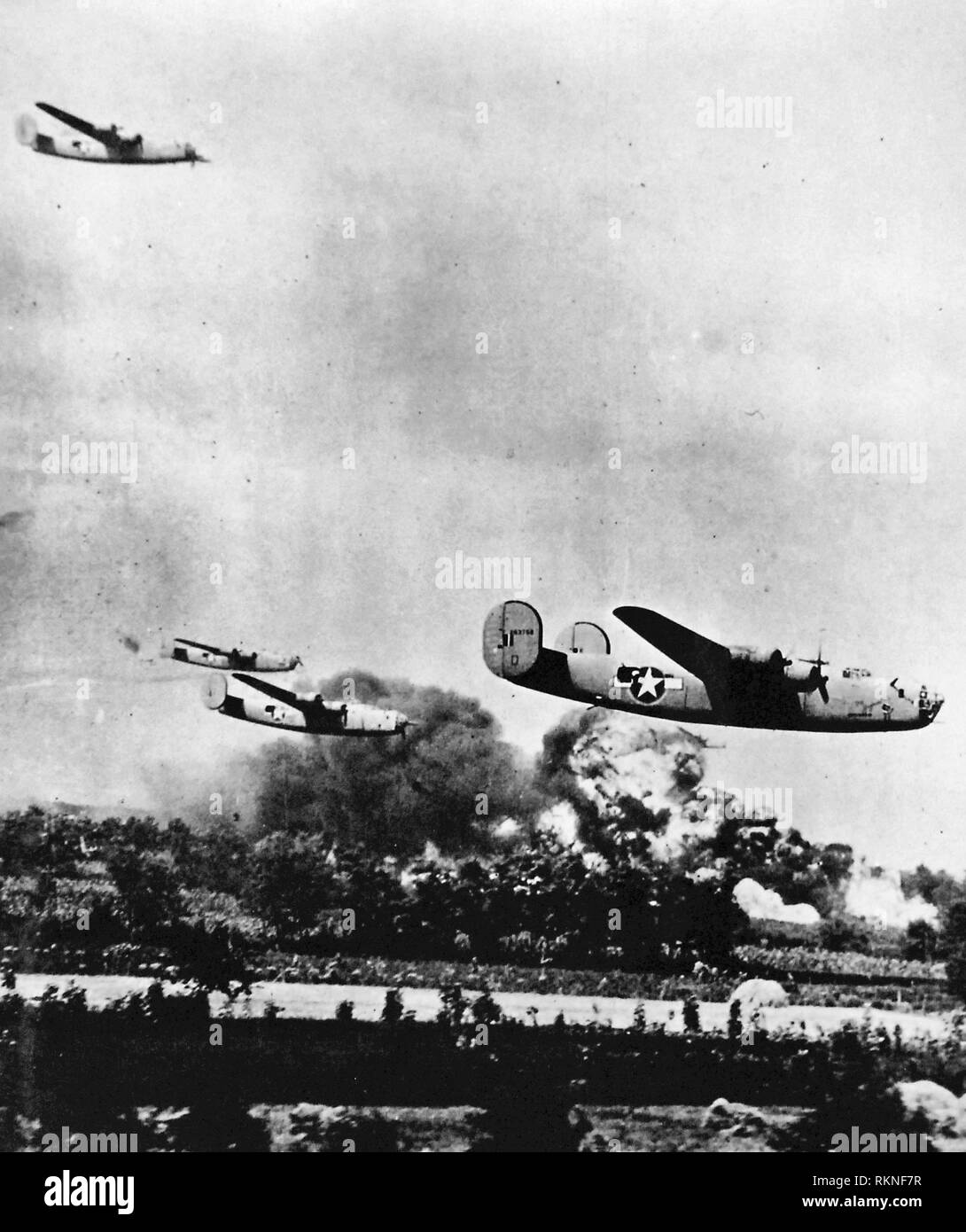 B-24 Liberators at low altitude while approaching the oil refineries at Ploesti, Romania, August 1, 1943. Stock Photo