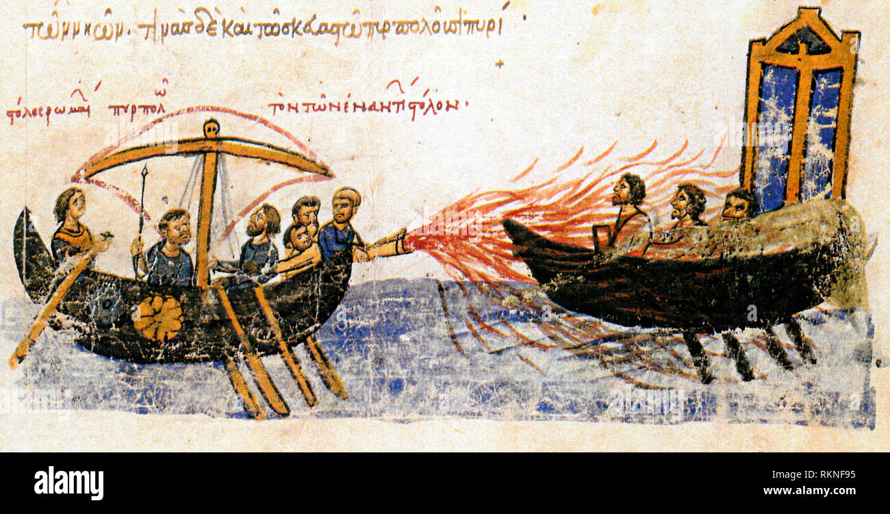 Image from an illuminated manuscript, the Madrid Skylitzes, showing Greek fire in use against the fleet of the rebel Thomas the Slav. 12th Century Stock Photo