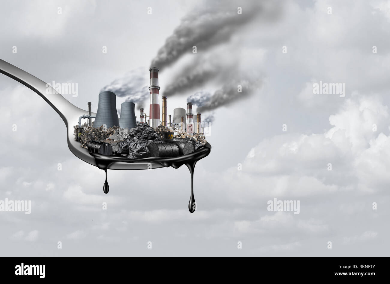 Pollution in food and toxic chemical contaminants that people ingest as a health and safety concept as a spoon. Stock Photo