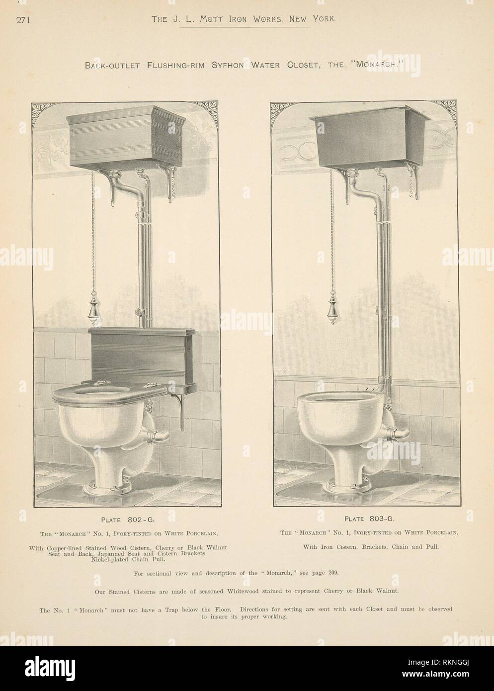 Back-outlet Flushing-rim Syphon Water Closet, the 'Monarch.'. J.L. Mott Iron Works (Publisher). Catalogue 'G,': illustrating the Plumbing and Stock Photo