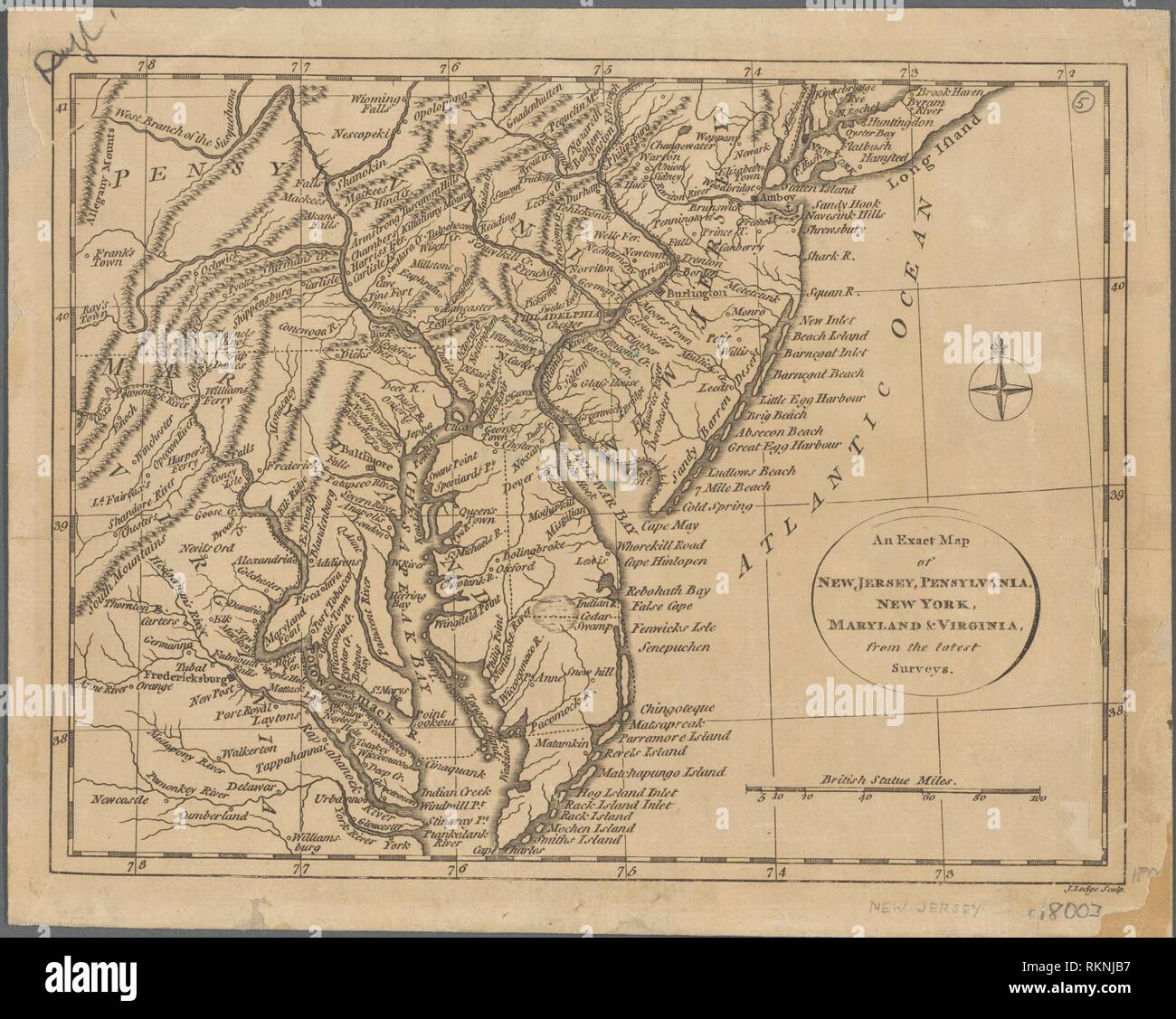Exact map of New Jersey, Pennsylvania, New York, Maryland