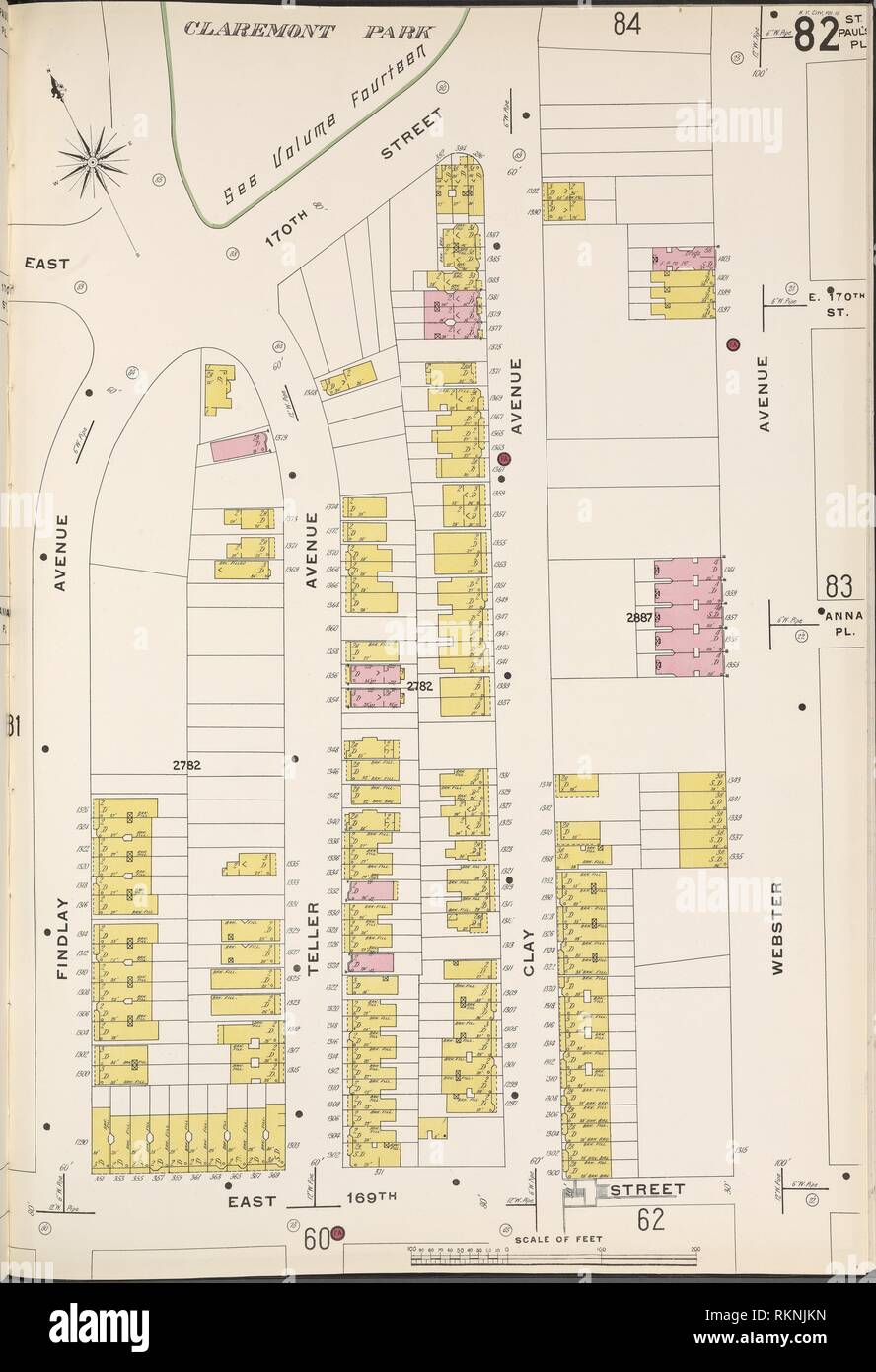 Bronx, V. 10, Plate No. 82 [Map bounded by E. 170th St., Webster Ave., E. 169th St., Findlay Ave.]. Sanborn Map Company (Publisher). Atlases of New Stock Photo