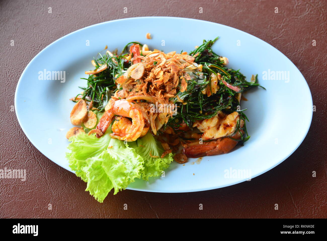 Spicy Shrimp Suaeda maritime,  Thai food Stock Photo