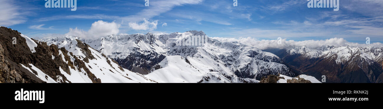 A panorama of the view of Mt Rolleston from the summit of Avalanche Peak, Arthurs Pass, New Zealand Stock Photo