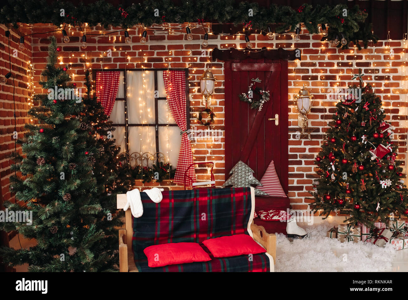 Download Decorated Christmas Studio Background Of Brick Wall Stock Photo Alamy Yellowimages Mockups