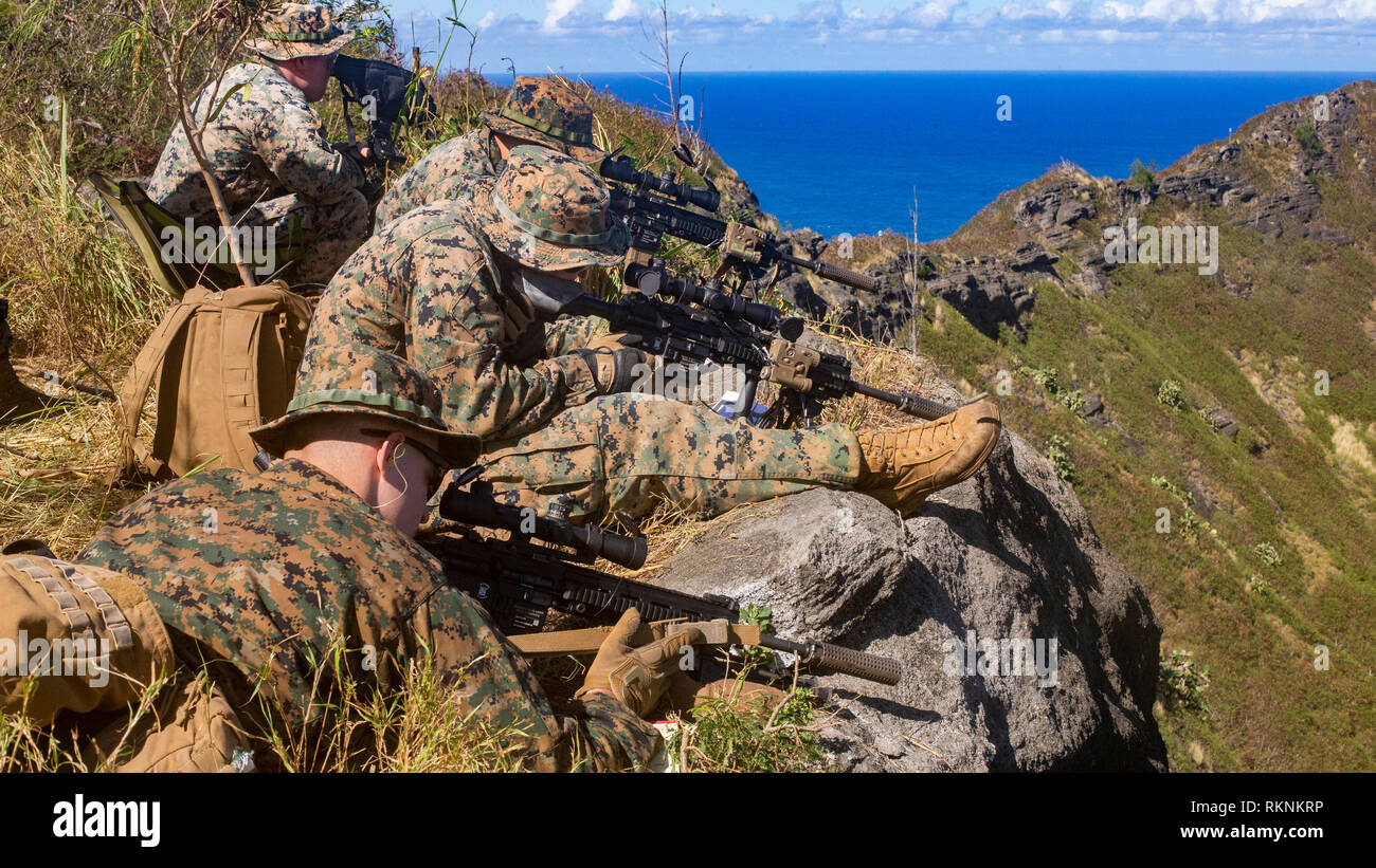 U.S. Marines with 2nd Battalion, 3rd Marine Regiment, 3rd Marine Division fire M28 Designated Marksman Rifles at the range on Marine Corps Base Hawaii, Kaneohe Bay, Feb. 7, 2018. The Marines were training to increase their capabilities at high altitude shooting. (U.S. Marine Corps photo by Sgt. Ricky Gomez) Stock Photo