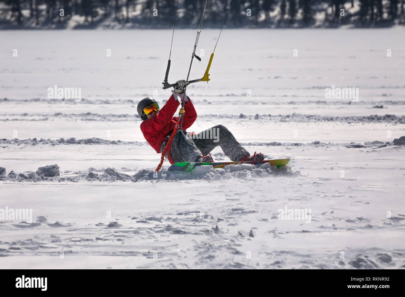 snowkiter on silser lake in switzerland Stock Photo