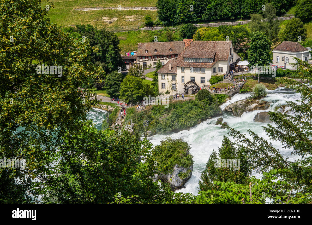 watermill on the north side of the Rhine Falls (Rheinfall), canton of Schaffhausen, Switzerland Stock Photo