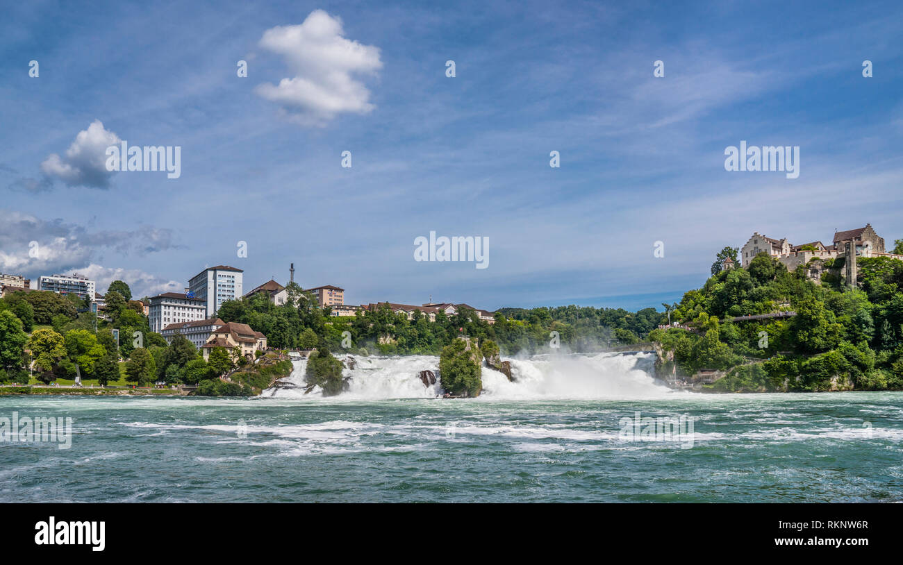 view of the Rhinefalls (Rheinfall) and the cliff-top caste of Schloss Laufen, cantons of Zürich and Schaffhausen, Switzerland Stock Photo