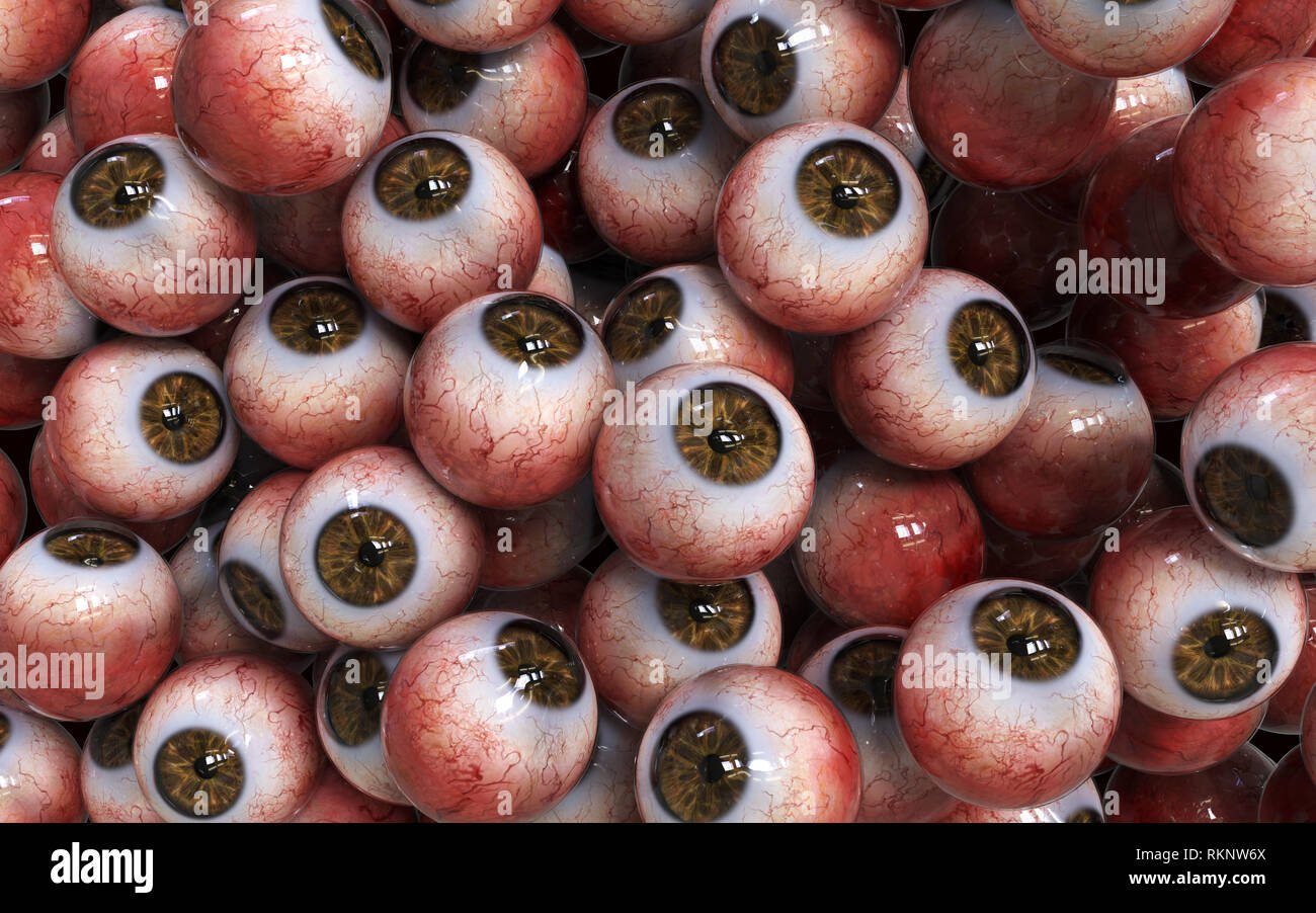 3d Illustration Many Abstract Collection Brown Eyeballs Closeup Halloween Scary. Stock Photo