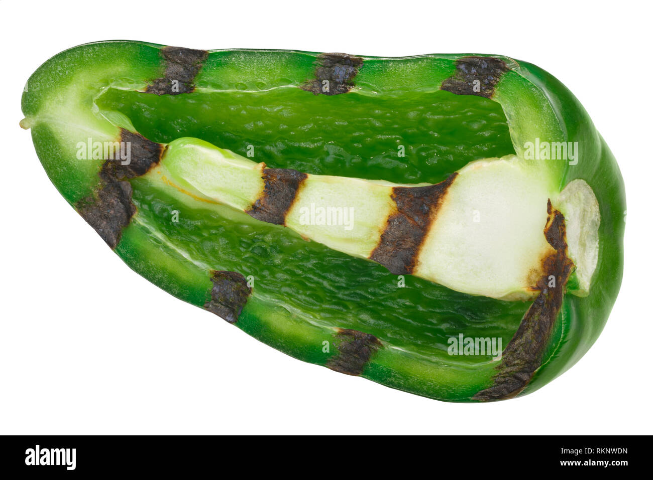 Grilled Jalapeno chili pepper, half of, isolated on white Stock Photo