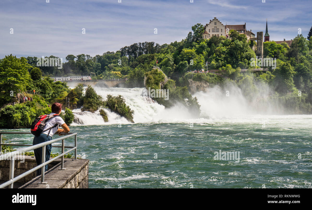 view of the Rhinefalls (Rheinfall) and the cliff-top caste of Schloss Laufen, cantons of Zürich and Schaffhausen, Switzerland Stock Photo