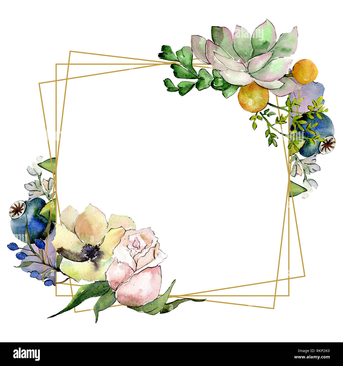 Bouquets with succulent botanical flowers. Watercolor background  illustration set. Frame border crystal ornament square Stock Photo - Alamy, image size:1300x1390