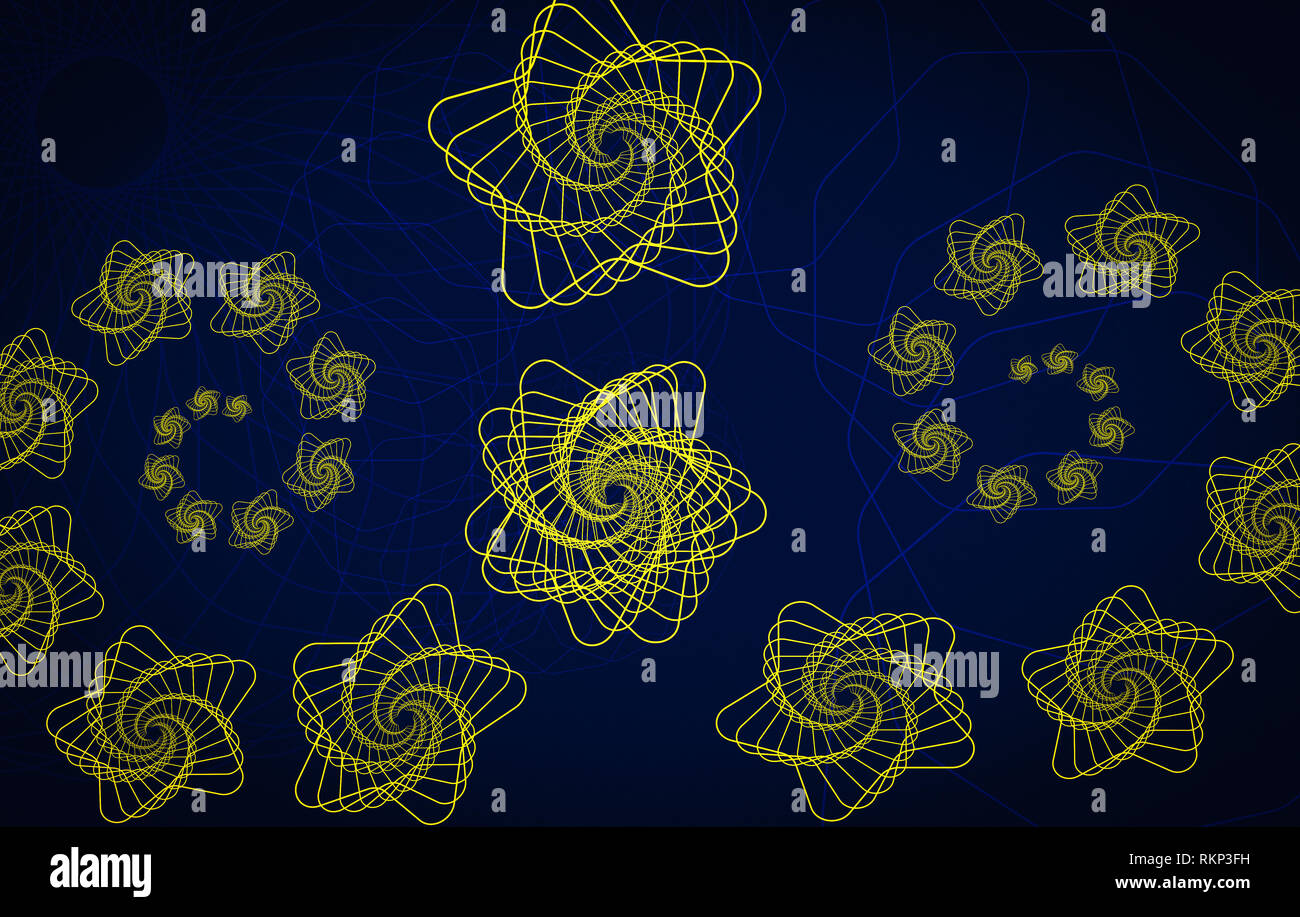 Curvy pattern of repetitive organic shapes in yellow color on blue ...
