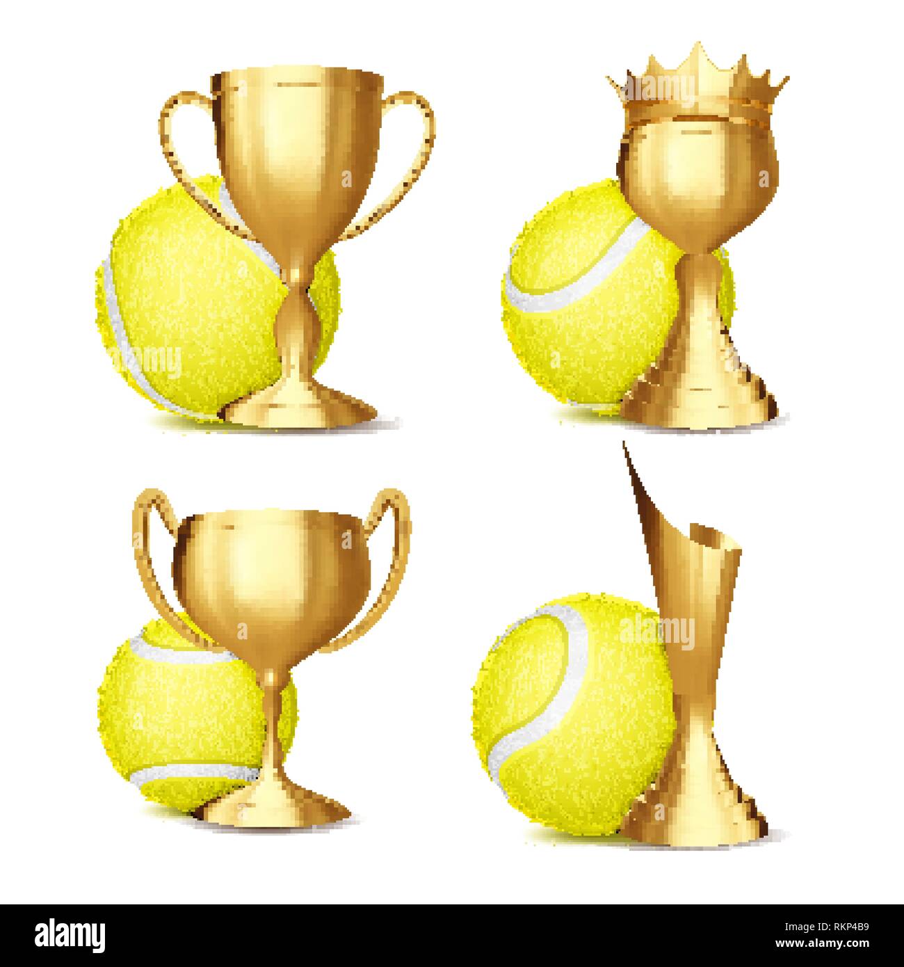 Tennis Game Award Set Vector. Tennis Ball, Golden Cup. Modern Tennis