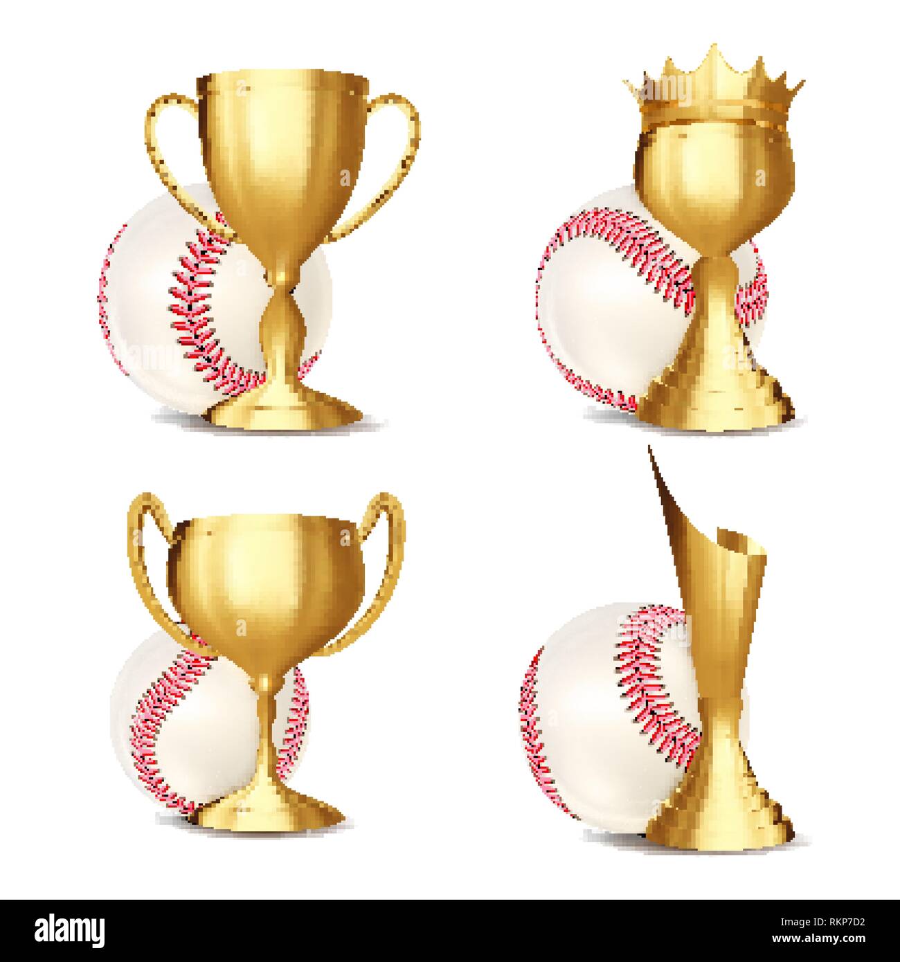 Baseball Game Award Set Vector. Baseball Ball, Golden Cup. Modern