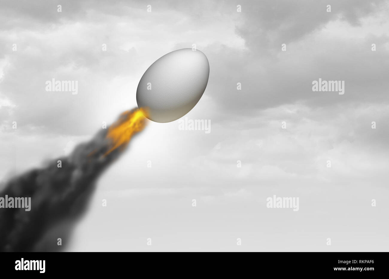 Egg power as a super food or superfood ingredient as a source of healthy protein nutrient with an eggshell flying like a rocket as a high energy. Stock Photo