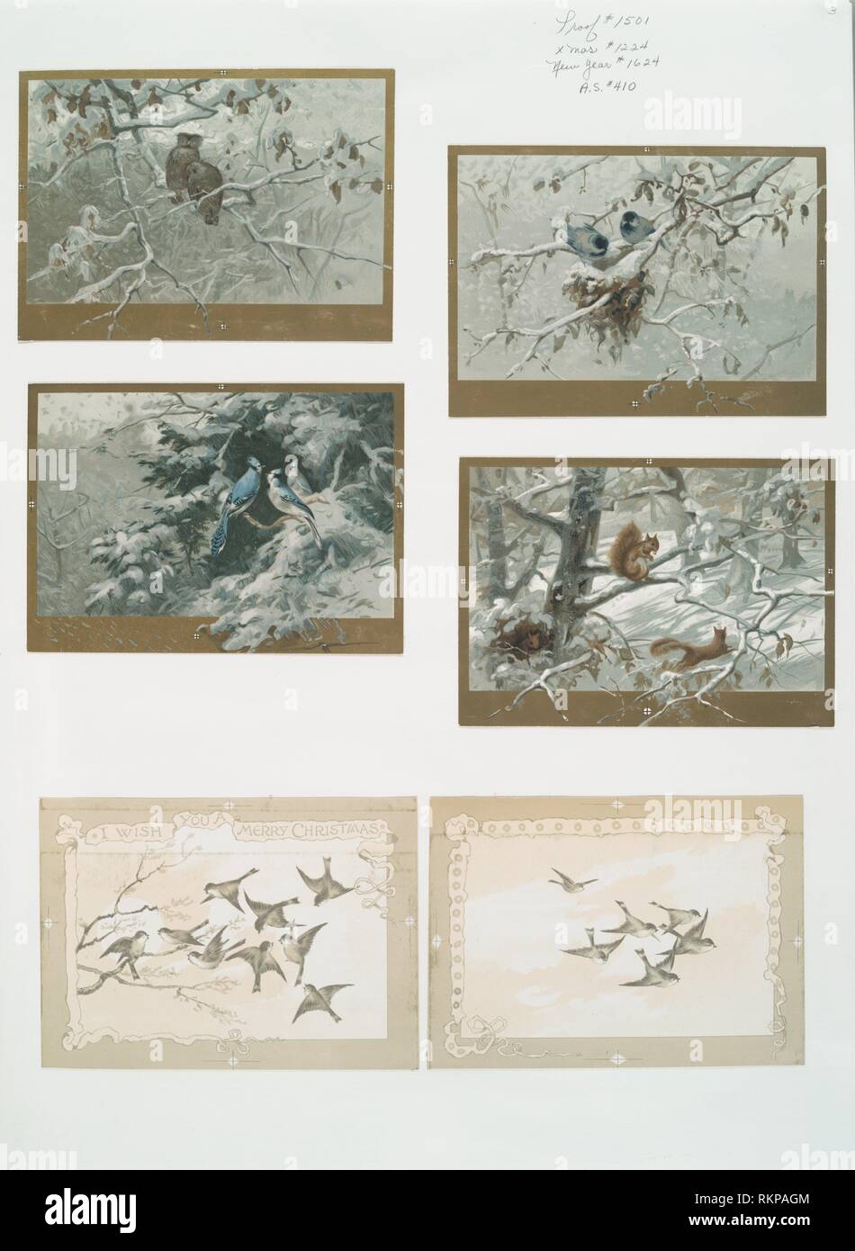 Christmas and New Year cards depicting winter scenes of the forest, squirrels and various birds including owls and blue jays. L. Prang & Co. Stock Photo