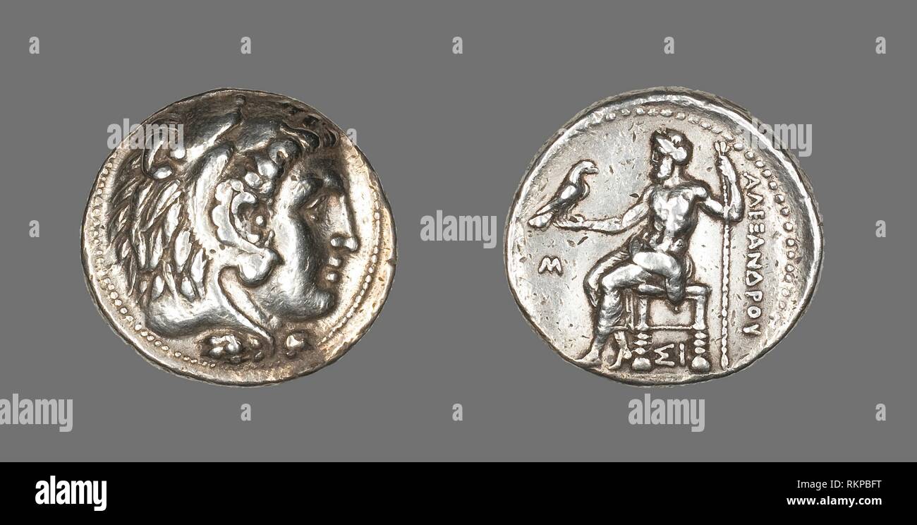 Tetradrachm (Coin) Portraying Alexander the Great - 336/323 BC - Greek, Macedonia, minted in Sidon, Phoenicia - Artist: Ancient Greek, Origin: Syria, Stock Photo