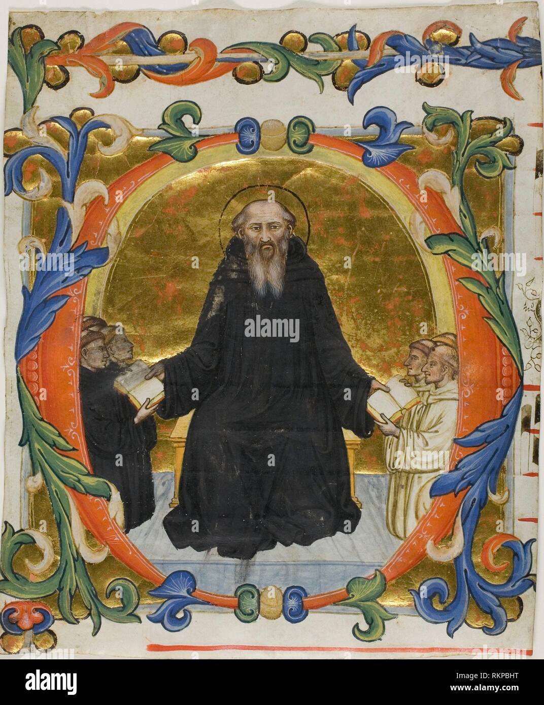 Saint Benedict Presenting his Rule to Benedictine and Cistercian Monks in a Historiated Initial ''O'' from a Choirbook - 1375/99 - Italian (Bologna) Stock Photo