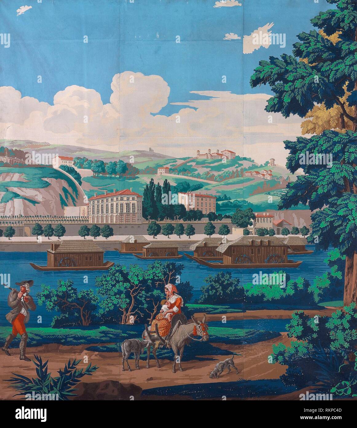 Three Joined Panels: The Views of Lyon - First edition, 1821 - France, Paris - Origin: France, Date: 1821, Medium: Block-printed, color on paper, Stock Photo