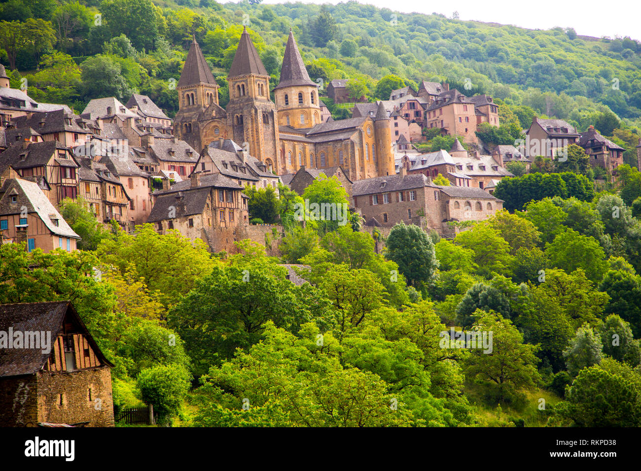 The picturesque village of Conques in France. The village is on the pilgrim route of the Camino de Santiago Compostella. Stock Photo