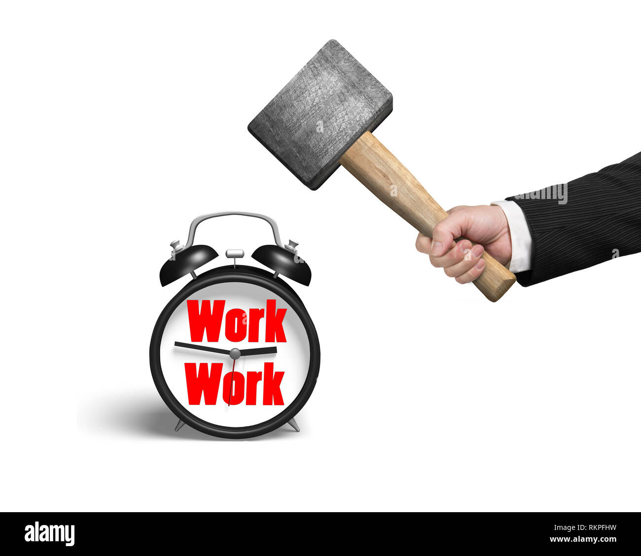 Hitting alarm clock in white background Stock Photo