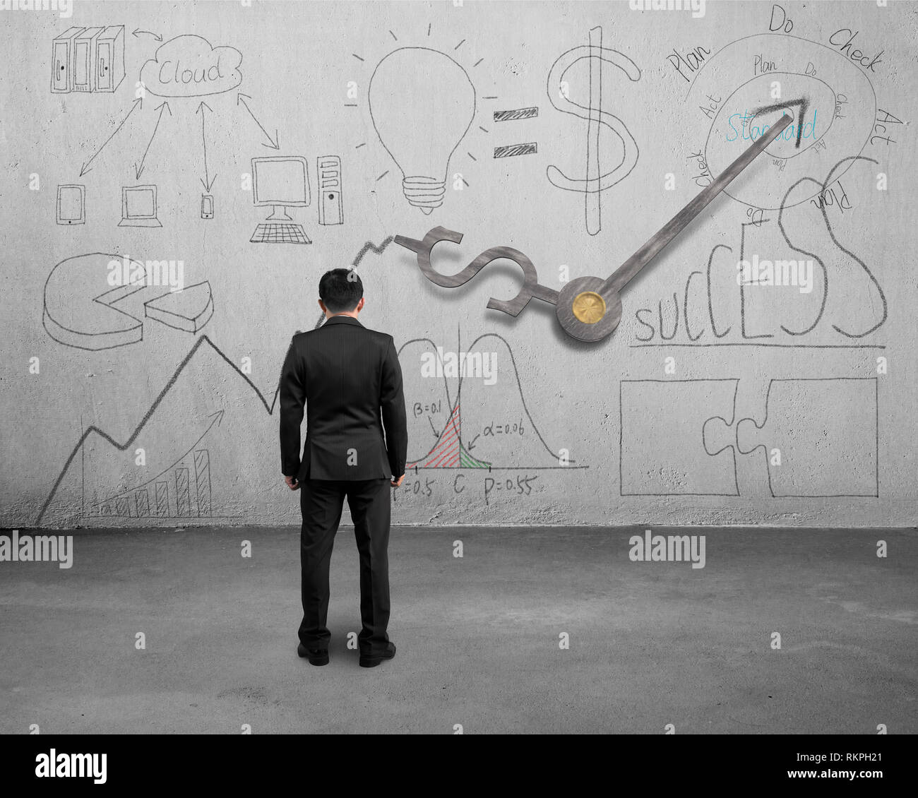 Businessman facing statistics doodles on wall with clock hands Stock Photo