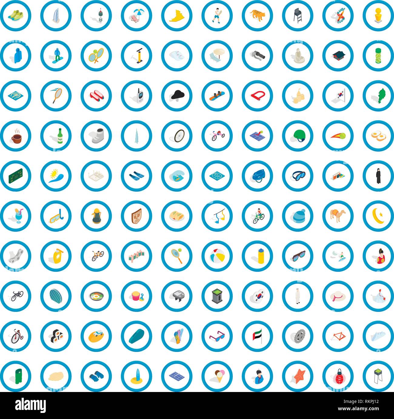 100 active life icons set, isometric 3d style Stock Vector