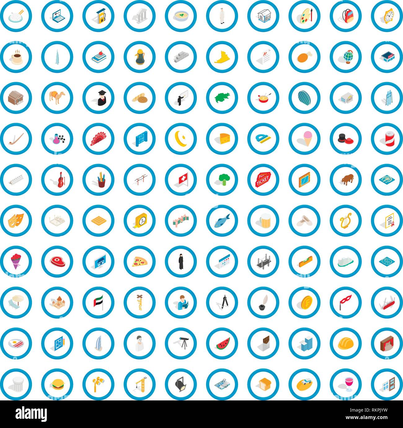 100 activity icons set, isometric 3d style Stock Vector