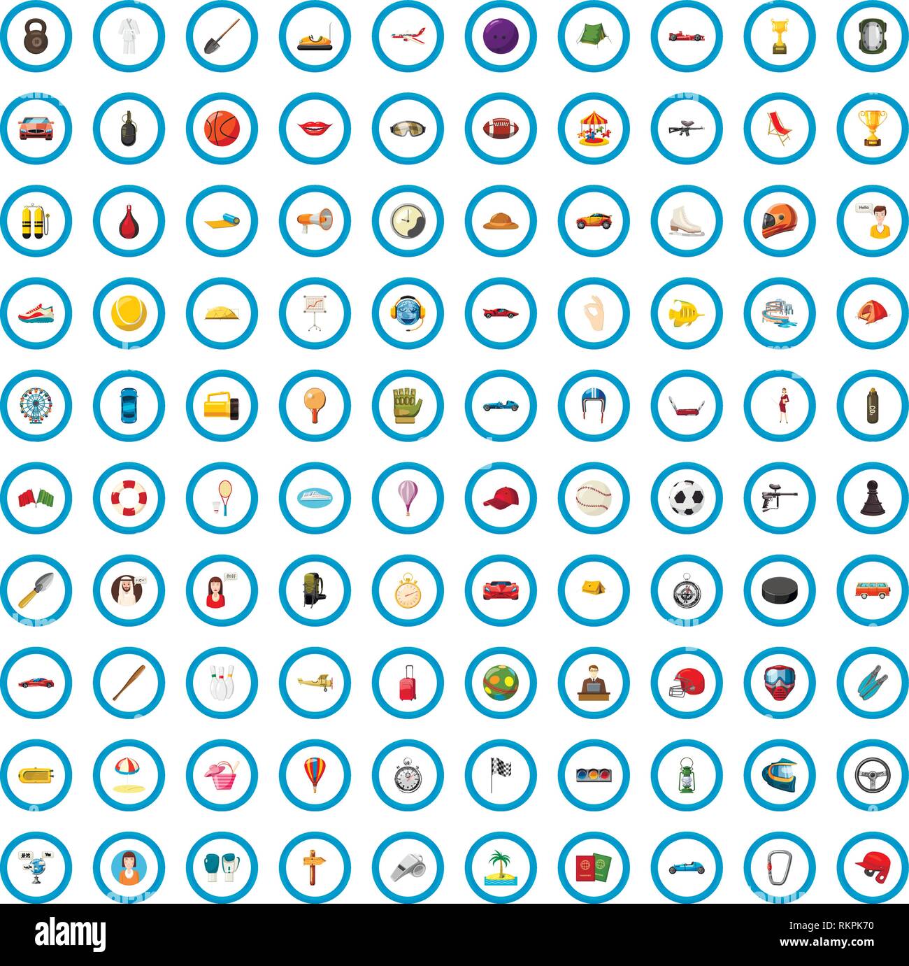 100 active icons set, cartoon style Stock Vector