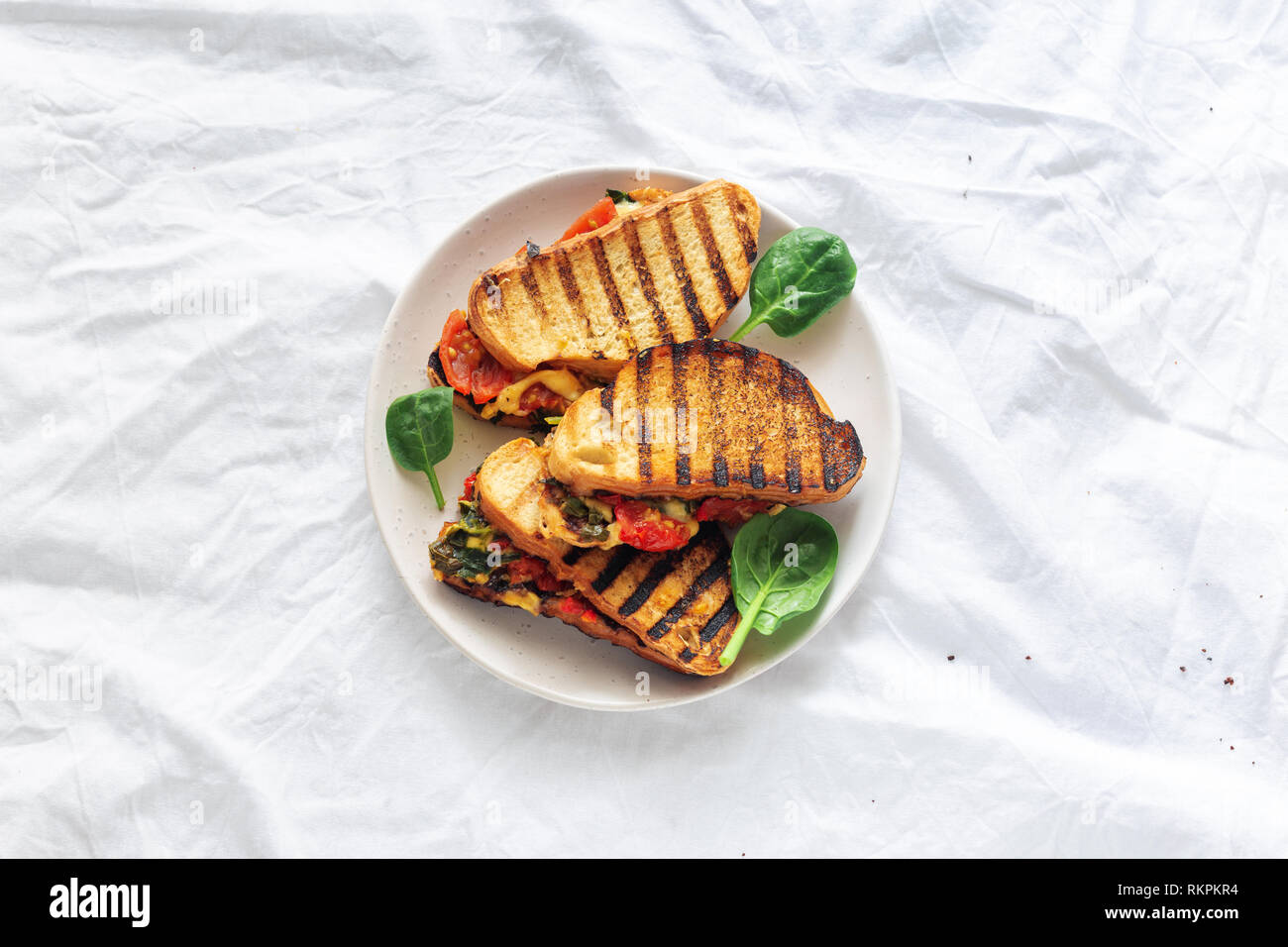 Vegetarian grilled cheese sandwich on white background top view. Tasty  breakfast Stock Photo - Alamy