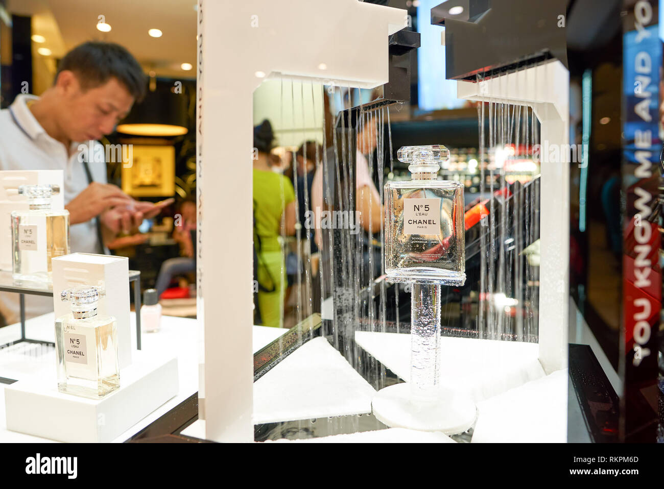 HONG KONG - SEPTEMBER 02, 2016: close up shot of Chanel No. 5 in a store. Chanel No. 5 is the first perfume launched by French couturier Gabrielle 'Co Stock Photo