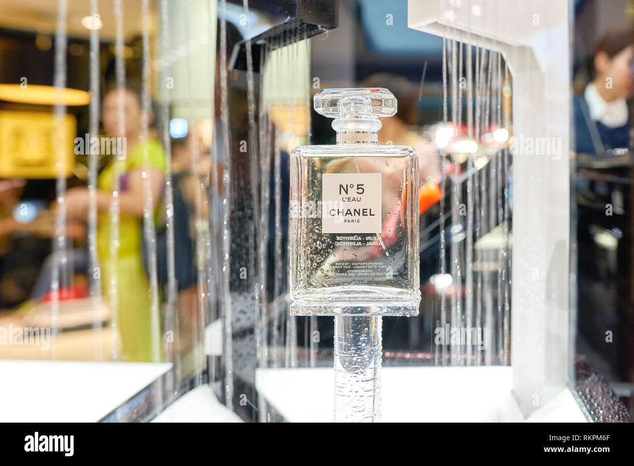 HONG KONG - SEPTEMBER 02, 2016: close up shot of Chanel No. 5 in a store. Chanel No. 5 is the first perfume launched by French couturier Gabrielle 'Co Stock Photo