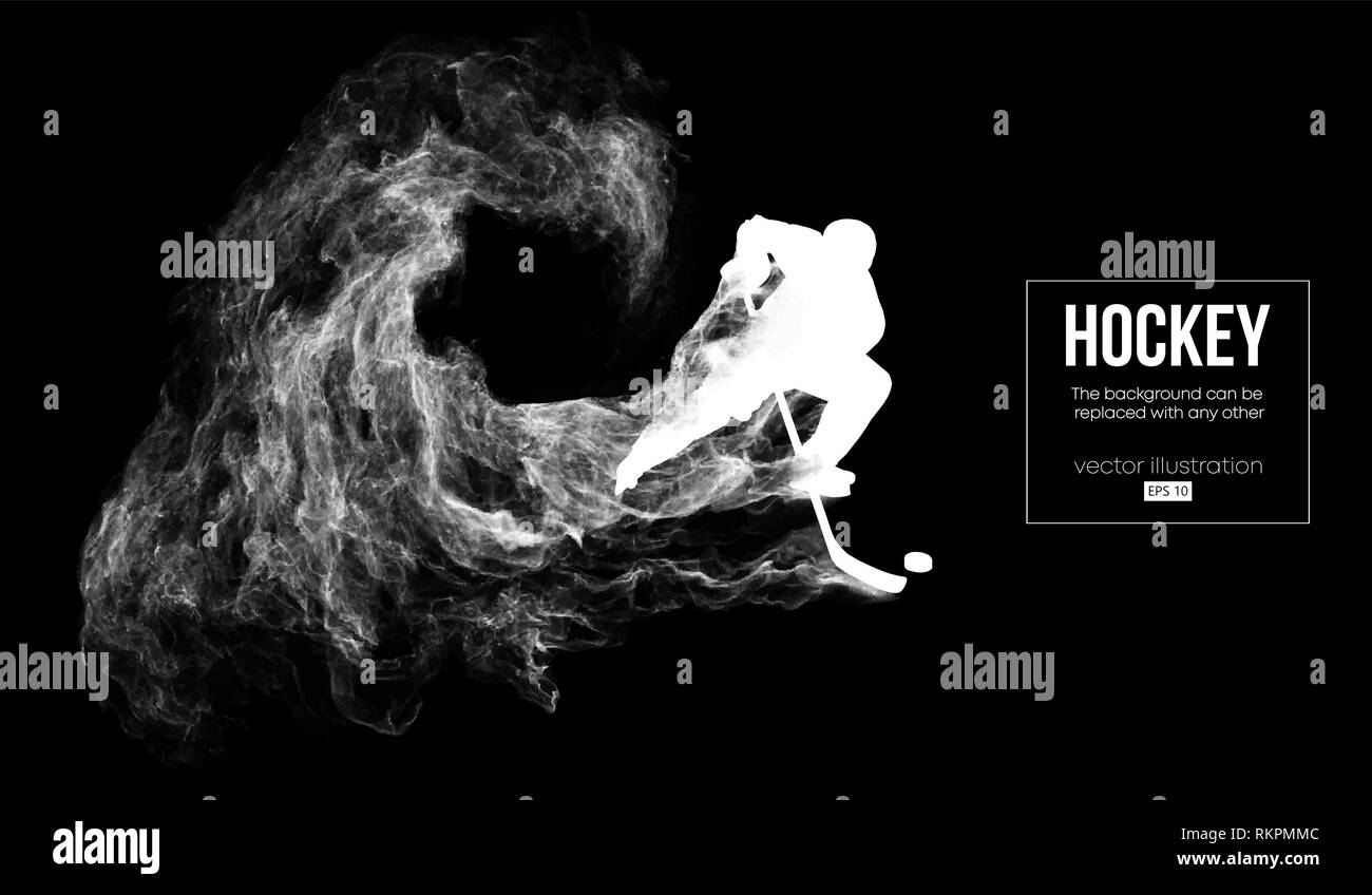 Abstract silhouette of a hockey player on dart, black background from particles. Hockey player hits the puck. Vector Stock Vector