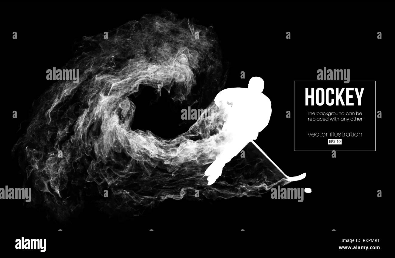 Abstract silhouette of a hockey player on dart, black background from particles. Hockey player hits the puck. Vector Stock Vector