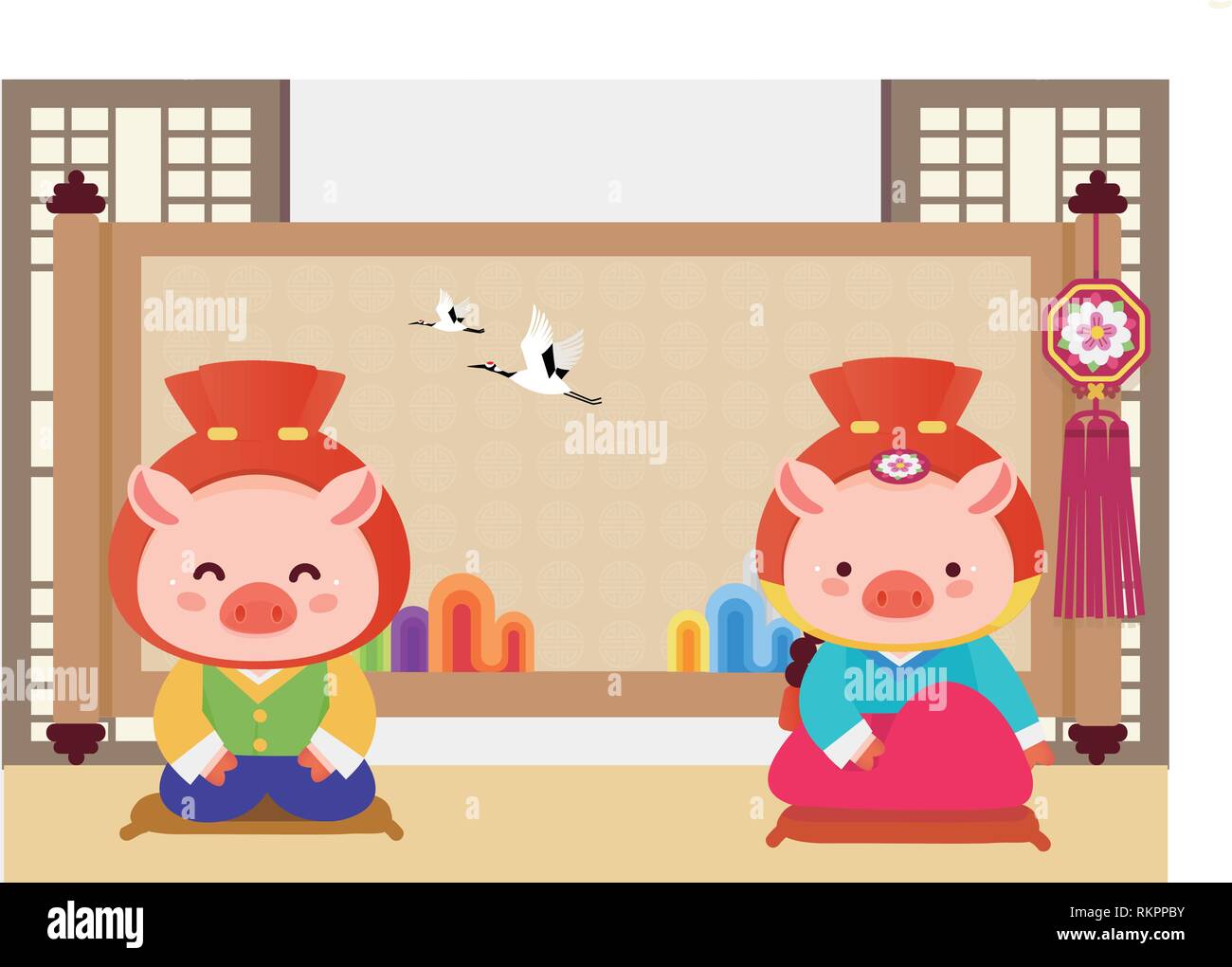 2019, year of the pig with cute cartoon pig banner, greeting card
